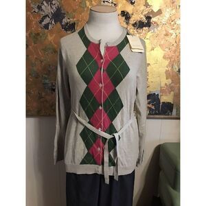 Greg Norman Women Collection Large Cotton Argyle Sweater Button Front NWT
